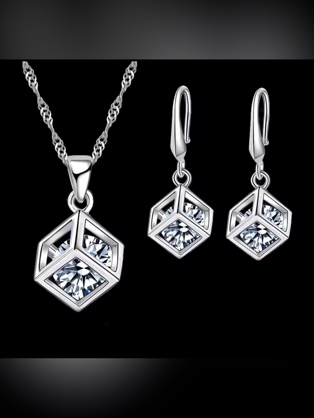Silver Geometric Cube Pendant Necklace and Drop Earrings - Clear Stone